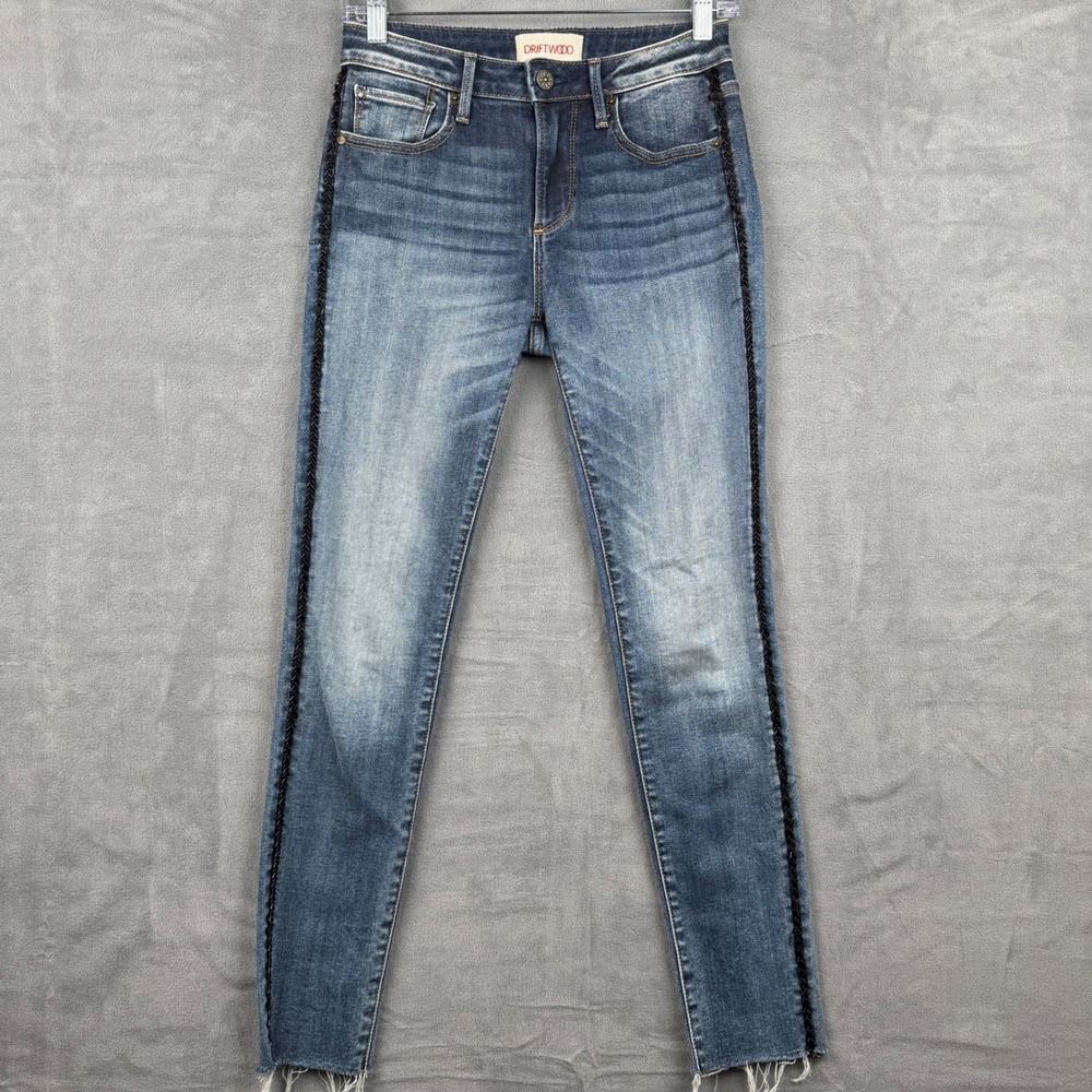 Driftwood Jackie Skinny Jeans Womens W24‎ L28 Black Trim Raw Hem Distressed